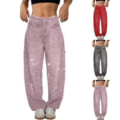 Boyfriend Jeans for Women UK, Baggy Jeans High Waisted Loose fit Straight Tube Denim Pants with Slant Pockets Marbling wash Craft Vintage Trousers L