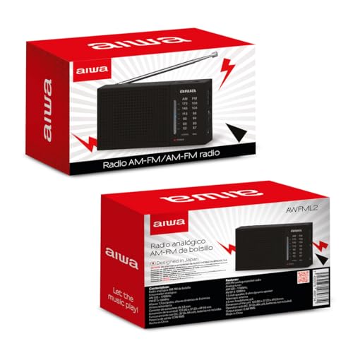 Aiwa Radio Portátil Am/FM Analógica AWFML2, Altavoz 1.5”, Antena Telescópica, Funciona con 2 Pilas AA, Entrada Audífonos 3.5 mm, Compacta y Ligera, Color Negro