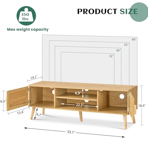 FIONESO Rattan TV Stand for 60 Inch TV, TV Bench, Entertainment Center TV Console with 2 Cabinets & Shelf, Media Console,TV Cabinet for Living Room, Natural+Rattan
