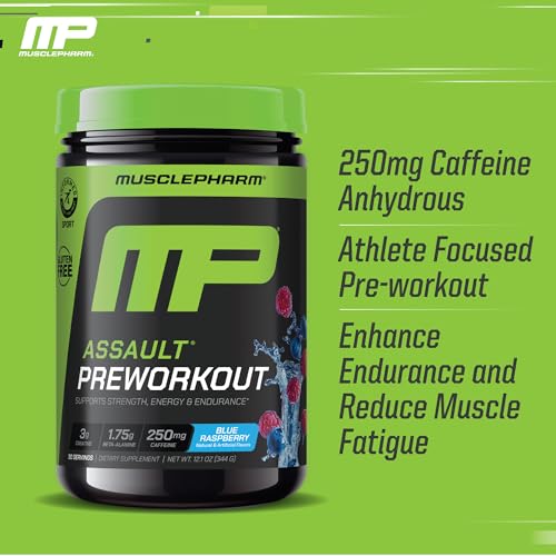 Muscle Pharm Assault Energy & Strength Pre Workout Powder for Men & Women with Beta Alanine, Caffeine, Creatine & Betaine Anhydrous, Pre-Workout Supplements, 30 Servings, Blue Raspberry Flavor