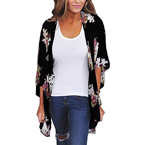 Usstore Women Elegant Print Shawl Kimono Cardigan Blouse Cover Up Beachwear (Black, 3XL)