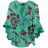 Women’s V Neck Batwing Sleeve Chiffon Blouses Loose Fit Half Button Floral and Vintage Print Tops for Casual Wear