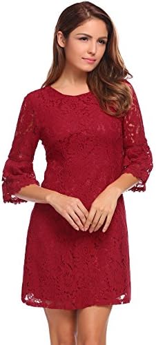 FineFolk Women's Floral Lace 3/4 Flare Bell Sleeve Cocktail Party A-Line Mini Dress