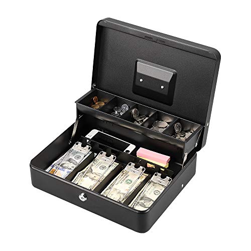 LIANTRAL Cash Box, Large Size Money Box with Lock and 5 Compartment Tray, 4 Spring-Loaded Clips for Bill(11.8" x 9.5" x 3.5"), Black - Thumbnail 6
