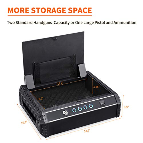 PRYMAX Biometric Gun Safe, Smart Pistol Safe with 4 Digits Code, Wall Mount Bracket, Quick Access with Auto-Open lid, 2 Handgun Capacity, Gun Cabinet for Home and Car Security