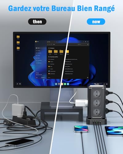 TOPREK Power Strip Tower with 12 French AC Sockets and 1 USB C (20W PD3.0) and 3 USB A and 2 M Electric Extension Cable and 1 Switch, 4000W/16A, Surge Arrester Power Strip for Office and Home, Black