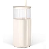 SANDJEST Glass Tumbler with Straw and Lid, Glass Water Bottle with Silicone Sleeve 20oz, Smoothie, Iced Coffee Cup, Gifts for Women Teen Girls Birthday Christmas (Cream)