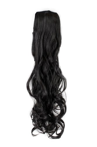 Hairpiece PONYTAIL (comb & ribbon wrap-around system) extension pigtail very long (24 inches) slightly CURLED wavy DARK BROWN YZF-1094HT-3