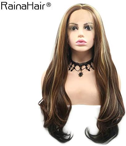 RainaHair Natural Look Brown Lace Front Wigs with Highlights Blonde Long Wavy Heat Resistant Glueless Synthetic Wigs for Women Drag Queen Wigs Party Daily Use 24inches