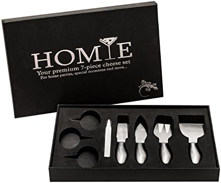 HOMIE Premium 7-piece Cheese Knife and Cheese Marker Set. Stainless Steel handles, natural black slate stone signs and long-lasting soapstone chalk make it Perfect Gift for All Occasions.