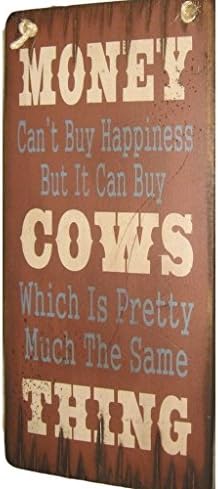 Cowboy Signs Wood Wall Hanging Western Money Happiness Cows Tan 8170