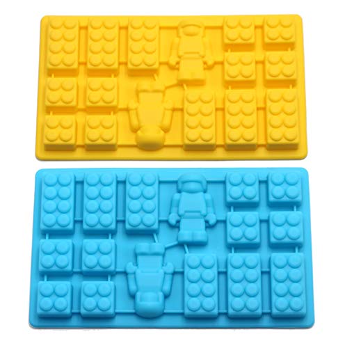 Lego Figure Multi Building Bricks Ice Cube Trays & Candy Chocolate Molds for Melted Chocolate & Crayons - Birthday Day or Party Favors - Set of 2, Much Fun for Lego Lovers(Blue & Yellow)