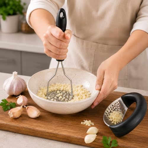 Kit Amassador de Batata + Espremedor de Alho Profissional em Aço Inox – Kit culinário premium para receitas rápidas Resistentes Fácil Limpeza Ideal para Purê Temperos e Receitas Rápidas PREMIUM