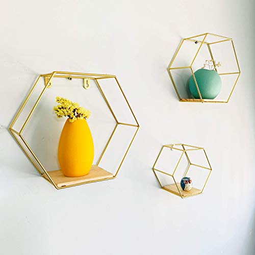Wall Mounted Floating Hexagon Shelves, Metal Framed Gold Shelves with