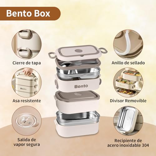 LEMONSEA Bento Box, Lunch Box de 3 Capas de 2400 ml, Toppers para Lunch Antifugas, Acero Inoxidable y Material PP, Bento Lunch Box con Bolsa para Almuerzo y Cubierto, Adecuado para Escuelas y Oficinas
