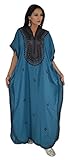 Moroccan Caftan Hand Made Top Quality Breathable Cotton with Brown Hand Embroidery Long Length Blue