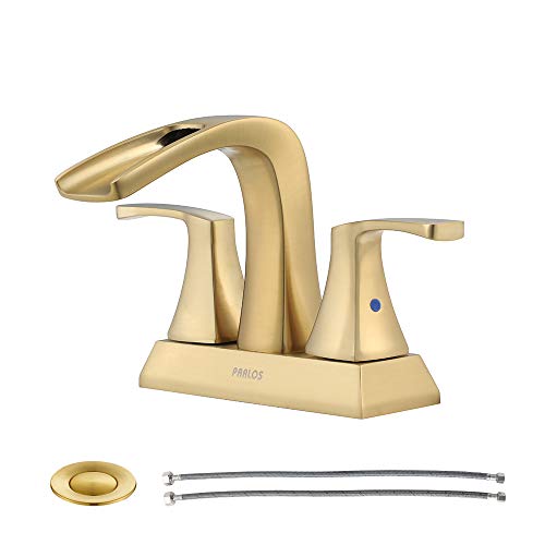 PARLOS 2 Handles Waterfall Bathroom Faucet with Pop-up Drain and Faucet Supply Lines, Brushed Gold, Doris 1406808