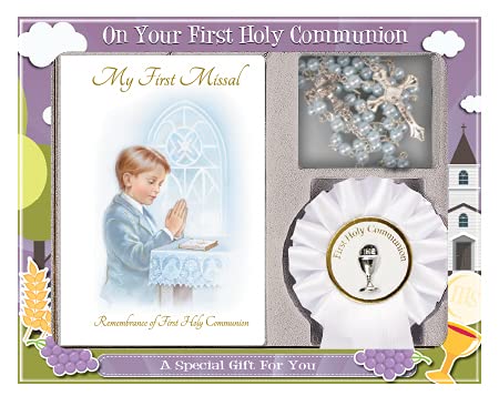 Boy First Holy Communion Missal, Prayer Card/Book Mark, Rosary and Rosette