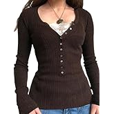 EMMIOL Long Sleeve Henley Shirts for Womens - V Neck Button Ribbed Knit Tops Slim Fit Casual Trendy Lace Tunics Blouse