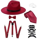 Men's Roaring 1920s Set Manhattan Fedora Hat,Y-Back Suspenders & Pre Tied Bow Tie, Gangster Tie & Fake Mustache (OneSize, Burgundy Hat & Burgundy Suspenders)