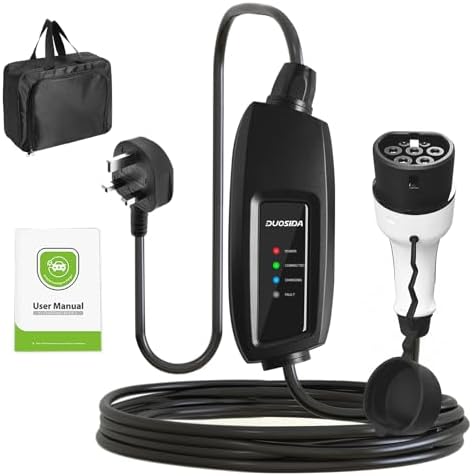 PocketEV - Portable EV Charger - Type 2 - UK 3 Pin With 5M/7.5M Cable, 6/8 /10/13A Adjustable Current,3.3kW EV Charging Cable With Large OLED Display, Indicator & Carry Bag, IP67 Waterproof (5M