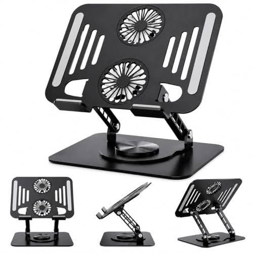 Suporte para Notebook de até 17” em Aço Carbono, Ajustável, Dobrável, Base Giratória 360° e Ventilação 2 coolers, Ergonômico e Portátil para Home Office e escritório, também para tablets e celulares