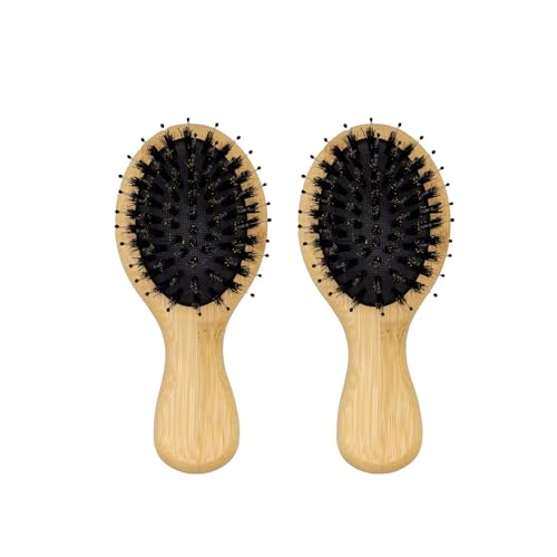 Woodlife® – Dúo de Cepillos Mini Ovalados de Bambú con Cerdas Naturales de Jabalí | Estimula el Folículo Piloso y Favorece el Crecimiento del Cabello.