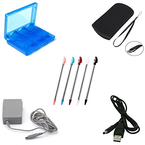 Akiimy 5 IN 1 Soft protective bag for 3DS XL+Replacement Ac adapter For 3DS 3DS XL+5-Pack Stylus pen For 3DS XL only+28 IN 1 3DS XL Game Card case+USB Charger cable for 3DS XL 3DS Accessory kit
