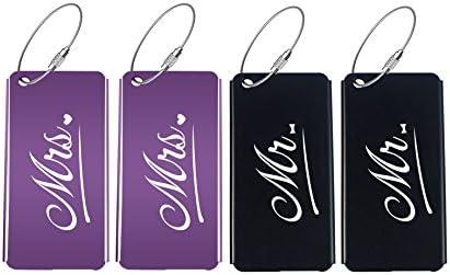 Wedding and Anniversary Gift - Elegant Mr Mrs Luggage Tags with Nice Metal Finish (Purple, Purple & Black, Black, 2 Mrs. & 2 Mr.)