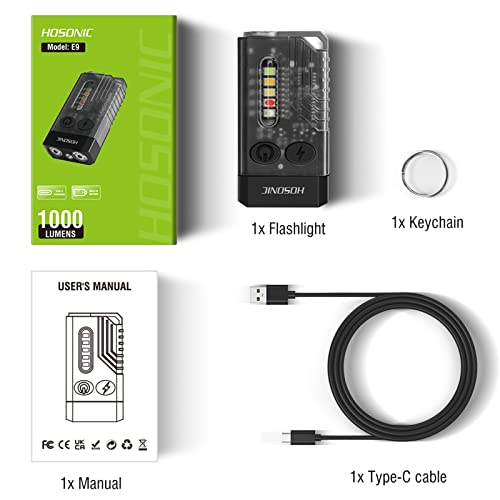 HOSONIC E9 Small Powerful LED Flashlight 1000 Lumens, Mini Keychain Rechargeable Flashlights with 365nm UV and Color Light, 12 Flashlight Modes, Magnetic, IPX4 Waterproof