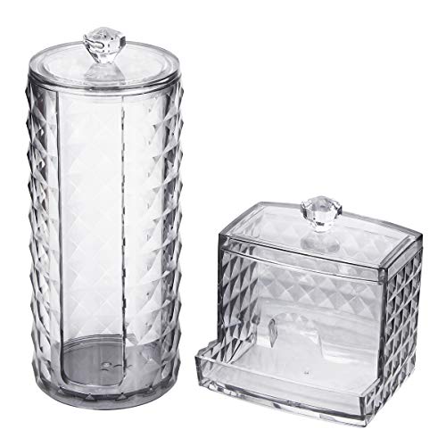 WELTRXE Cotton Swab Dispenser, Cotton Round Holder, Bathroom Vanity Countertop Storage Organizer Canister Jar with Lid for Q-Tips, Cotton Rounds, Balls, Cotton Swabs, Makeup Sponges - 2 Pack