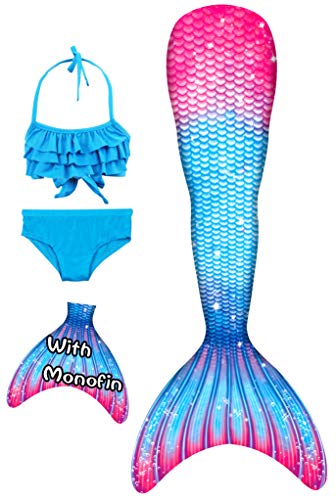 YORKING Mermaid Tail for Swimming with Monofin - Cosplay Costume Bikini Swimsuit for Girls - Pink beach-4pcs-140 - Thumbnail 2