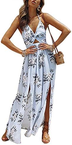 Women's Summer Beach Sundress Spaghetti Boho V Halter Split Floral Long Maxi Dress