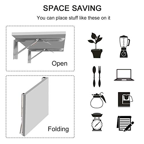 Folding Shelf Brackets 14 Inch CESHUMD Heavy Duty Stainless Steel Collapsible Wall Mounted Shelf Bracket Space Saving for Table Work Bench, 2pcs with Screws
