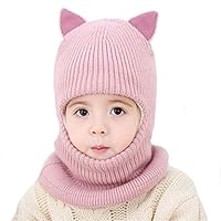 Cat Ear Baby Girls Boys Winter Hat Toddler Knitted Hood Scarf Beanies with Fleece Lining (E)