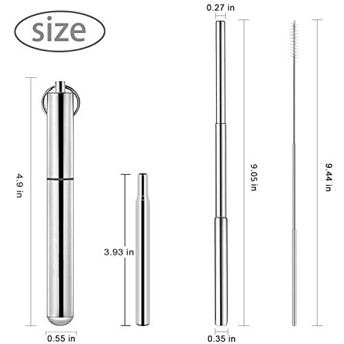 Reusable Portable Collapsible Straws, Telescopic Metal Straws Stainless Steel Drinking Straws with Aluminum Case & Cleaning Brush (Silver-2pcs)