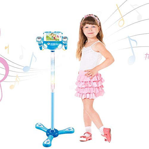 Kids Microphone with Stand, Adjustable Kids Music Karaoke Machine Toy Microphone with Light Effect and Touch Function for Boys Girls 3-8 Year Old(Blue,2 Microphones)