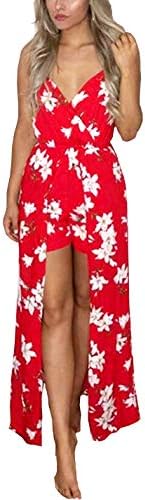 Kbook Women's Sleeveless V-Neck Floral Print Split Beach Wedding Party Maxi Romper Dress