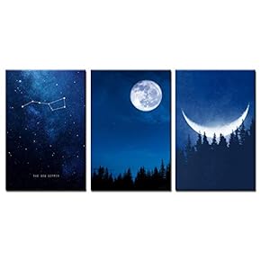3 Panel Canvas Wall Art - Blue Night Sky with Stars and Moon - Giclee Print Gallery Wrap Modern Home Art Ready to Hang - 16"x24" x 3 Panels