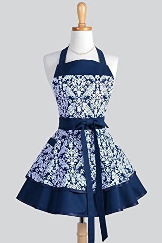 Womens 50s Style Flirty Ruffled Retro Pinup Wedding Apron in Blue White Damask - Monogram Option
