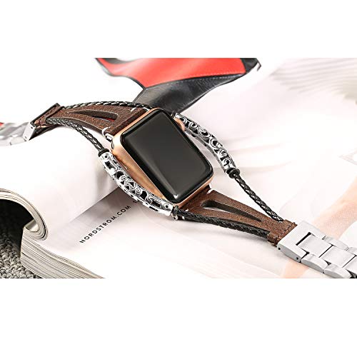 Secbolt Leather Bands Compatible Apple Watch Band Series 4 44mm, Series 3/2/1 42mm, Double Twist Handmade Vintage Natural Leather Bracelet Replacement Bracelet Straps Women (Brown Gray (42mm&44mm))