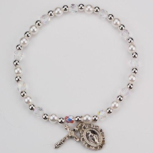 Catholic Girl's First Communion Stretch Bracelet - Elegant April Birthday First Communion Stretch Bracelet with Rhodium Plated Miraculous Medal and Crucifix. Stretches to Fit Any Size.