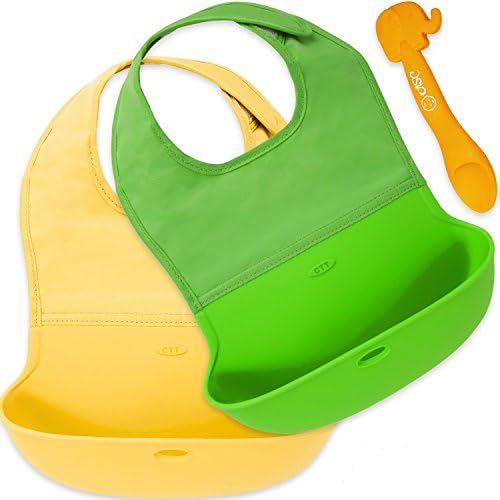 ASC Baby Roll Up Bibs with Pocket for Babies and Toddlers (Set of 2), Made from Waterproof Silicone and Anti-Bacterial Fabric with Bonus Cute Spoon - Yellow and Green