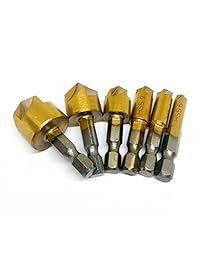 QWORK 6 piezas 1 4" vástago hexagonal recubierto de titanio 5 flauta avellanado brocas Set de 90 grados de corte para tableros de madera de fibra de partículas tablero de madera contrachapada plástico aluminio tablero Pcb Chamfer Bit