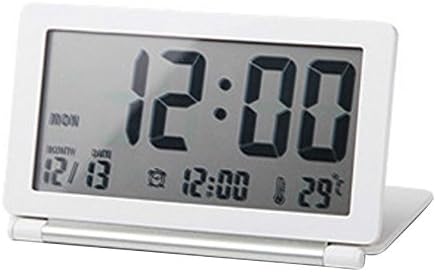 Multifunction Mini Portable Travel Clock Desk Foldable Electronic Silent LCD Digital Alarm Clock Snooze (White + Silver)