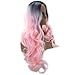 ATOZWIG Natural Fashion Long Dark Roots Ombre Light Pink Body Wave Heat Resistant Synthetic Wigs For Women Two Tone