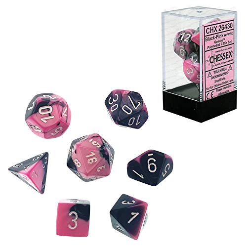Chessex CHX26430 Dice - Gemini: 7Pc Black-Pink/White, Black/Pink/White