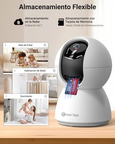 E T EASYTAO TV-628 Cámara de Seguridad Interior, 2K 3MP Cámara Alexa WiFi, iCSee O Tris Home App, Audio Bidireccional, Control Remoto, Detección de Movimiento, Visión Nocturna,Compatible con Alexa