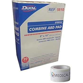 Sterile 8x10 Sterile Abdominal (ABD) Combine Pads Pack of 20 + 1 Roll of Vakly Medical Tape (1)