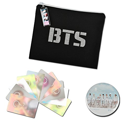 BTS Bangtan Boys -Silver LOGO Black Bag- 6.49 x 7.28 inch (16.5 x 18.5 cm ) - Cosmetic Storage, Small Pouch Bag + Sign PhotoCard (random) :10 Sheets + 1 Badge Button Pin (random) (Silver Logo Bag SET)